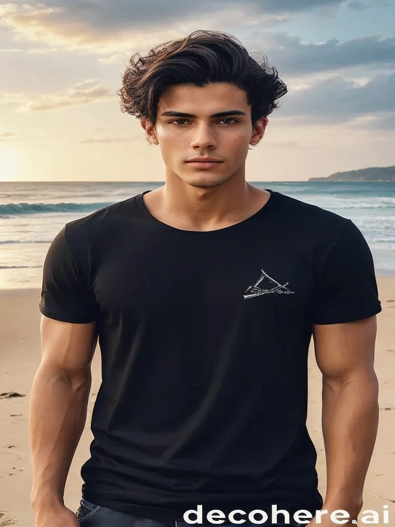 a close up of a man standing on a beach near the ocean, digital art by Adam Dario Keel, instagram, renaissance, male model, he is wearing a black t-shirt, caio santos, black t shirt, wearing black tshirt, attractive male, wearing a black tshirt, wearing a black t-shirt, handsome male, mohamed chahin
