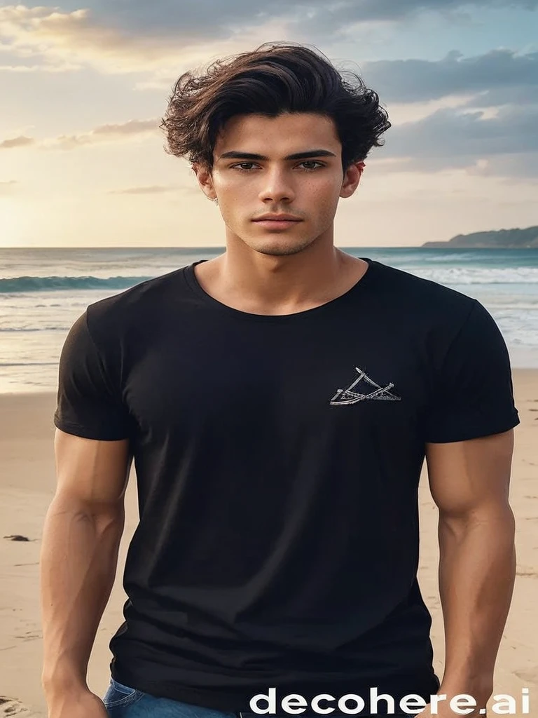 a close up of a man standing on a beach near the ocean, digital art by Adam Dario Keel, instagram, renaissance, male model, he is wearing a black t-shirt, caio santos, black t shirt, wearing black tshirt, attractive male, wearing a black tshirt, wearing a black t-shirt, handsome male, mohamed chahin