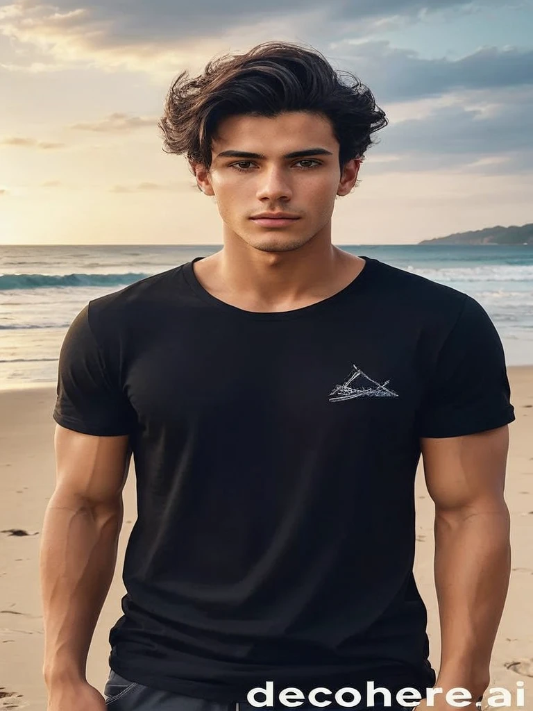 a close up of a man standing on a beach near the ocean, digital art by Adam Dario Keel, instagram, renaissance, male model, he is wearing a black t-shirt, caio santos, black t shirt, wearing black tshirt, attractive male, wearing a black tshirt, wearing a black t-shirt, handsome male, mohamed chahin