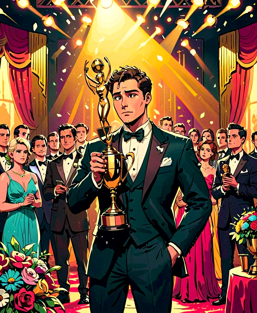 The award ceremony venue. Spotlights are shining on the stage, and trophies and bouquets of flowers are placed on the stage. In the audience are people in formal attire. A man clutching a trophy with tears in his eyes and an emotional expression on his face.