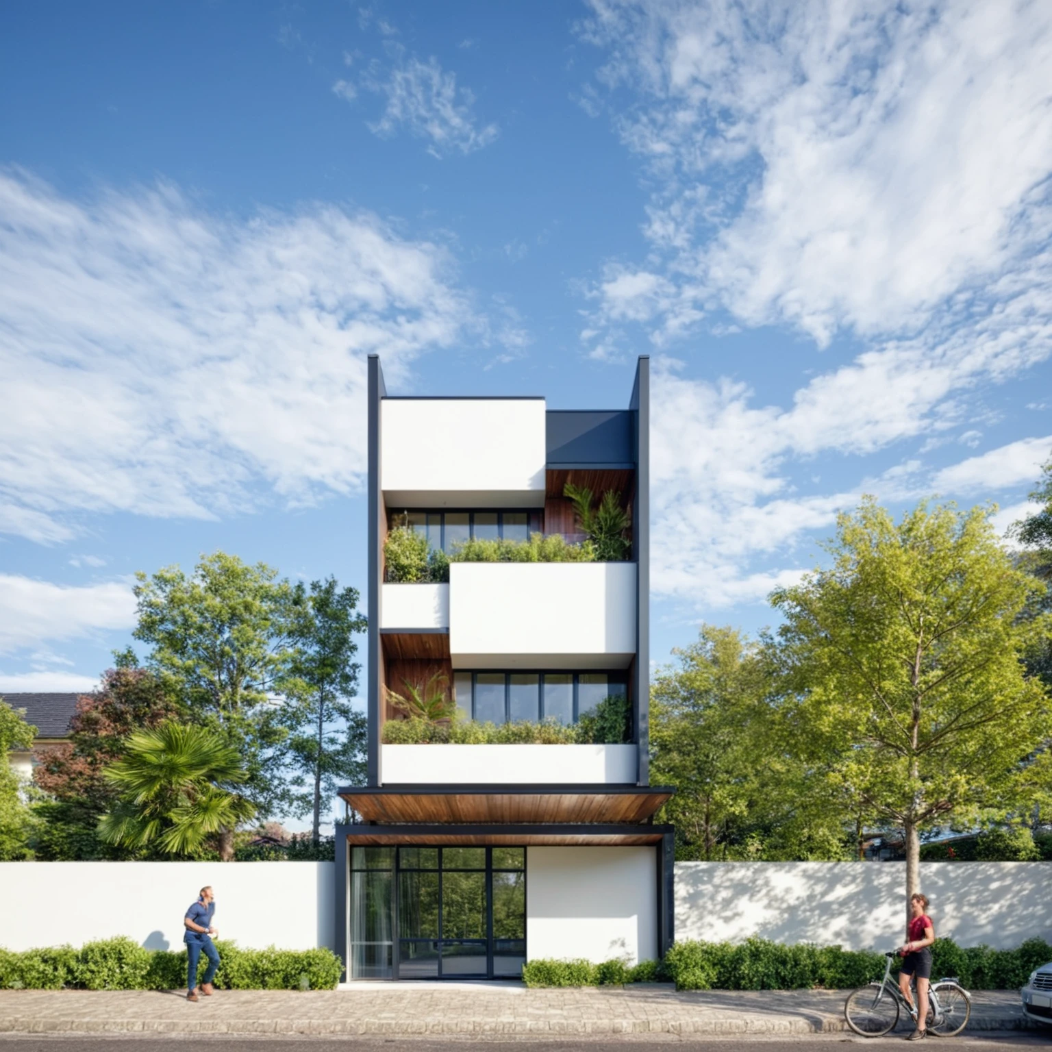 maison de ville, (style moderne:1.2), ciel ouvert sur le toit, design extérieur, vue de perspective, (mur blanc:1.3), (bloquer les trottoirs et les routes asphaltées), (jour sky background), Arbres bas autour de la maison, (la maison d&#39;à côté est plus basse que la maison du concepteur en question), (mid jour), (Neutral lighting is suitable for the maison de ville, éclairage du thermomètre de couleur claire), (visualisation de la conception architecturale), (réflexion), (se concentrer sur un objet), (material normal bump real réflexion), (Lumière dispersée), (rayon de lumière), (lumière multifaisceaux), (rayon de soleil) (multi-level réflexion), (rendu de visualisation du logiciel Chao Vantage),(((meilleure qualité))), ((chef-d&#39;œuvre)), ((Meilleure illustration)), ((Meilleures ombres)), ((super détail)), (Lignes complexes), (photoréalisme),(hyper détail), ((archquotidiennement)), ((conception primée)), (lumière dynamique), ((jour)), projecteur, (lumière parfaite), (Lumière chatoyante), ((photoréaliste)), ((détail complexe)), ((Détails extrêmes)), ((détail fou)), ((rendu d&#39;octane)), ((tendance sur artstation)), ((Haute fidélité)), ((Vidéo)), ((croustillant)), ((Brillant)), ((superbe)), ((accrocheur)), ((haute qualité)),((pointu))((Brillant)), ((superbe)), ((environnement ensoleillé naturel)), ((accrocheur)), ((éclairant)), ((impeccable)), ((haute qualité)),((pointu edge render)), ((éclairage moyennement doux)), ((rendu photographique)), ((archivage détaillé)), ((environnement de réalité)), (modern maison de ville design architectural design facade), (modern maison de ville facade roof design), (modern maison de ville facade wall design), (modern maison de ville facade decoration material design) (maison de ville facade door and window design modern), (conception d&#39;éclairage environnemental), (modern maison de ville facade lighting design), (modern maison de ville front gate and fence design), (Luminaires design pour poteaux de portail et clôtures), (ma