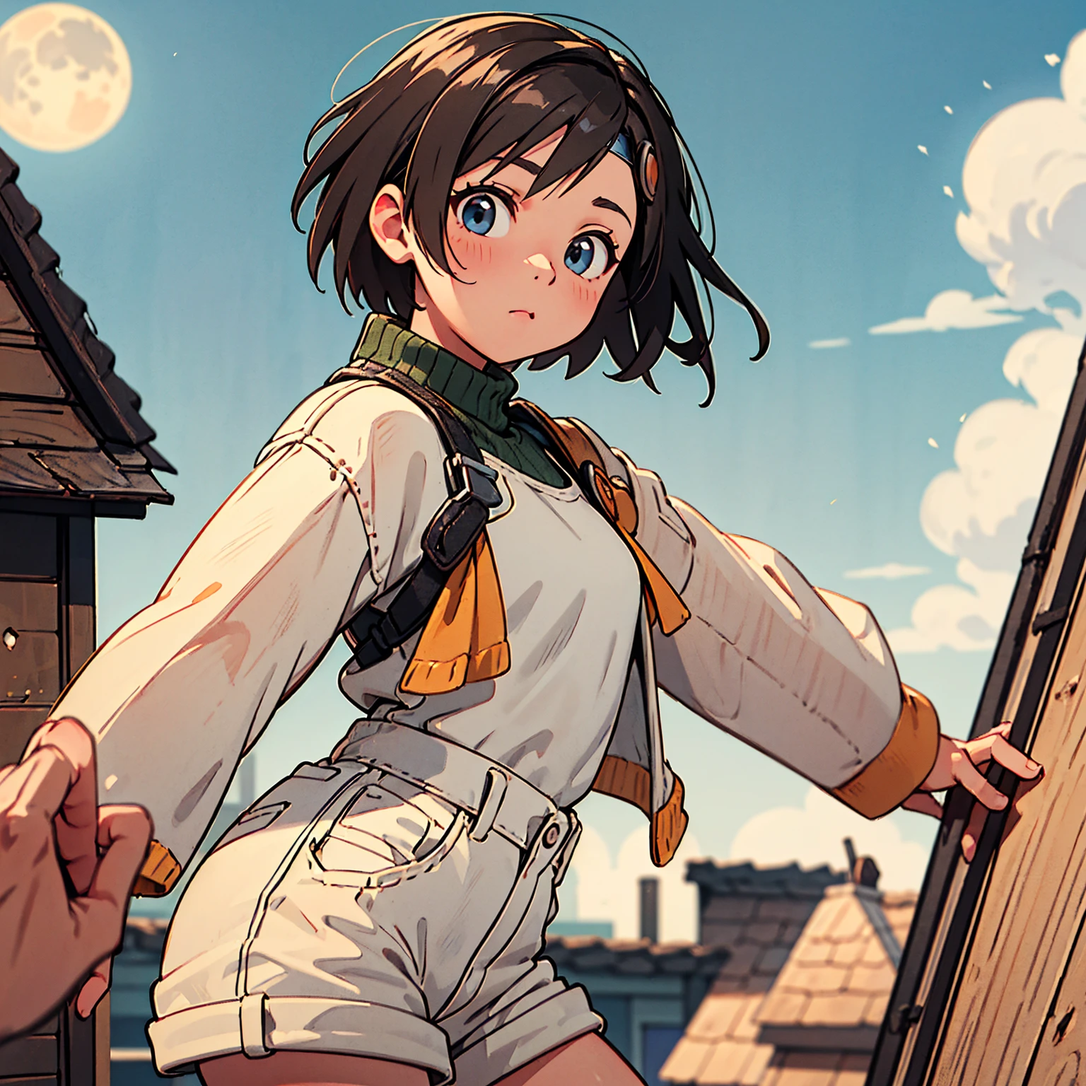 8K quality,(super masterpiece:1.3),Highest quality,Detailed Images,The real picture,Natural lighting,symmetrical beauty,1 female,9 expressions,Yuffie Kisaragi,Hairstyle(short hair),clothing(head band,turtleneck,No sleeve,Shorts),(very cute:1.3),background(On the roof,rooftop,night,full moon),(Face directly towards the camera,Looking directly at the viewer,looking at the camera,The body faces the viewer,The body is facing the direction of the camera,Face looking straight into the camera).