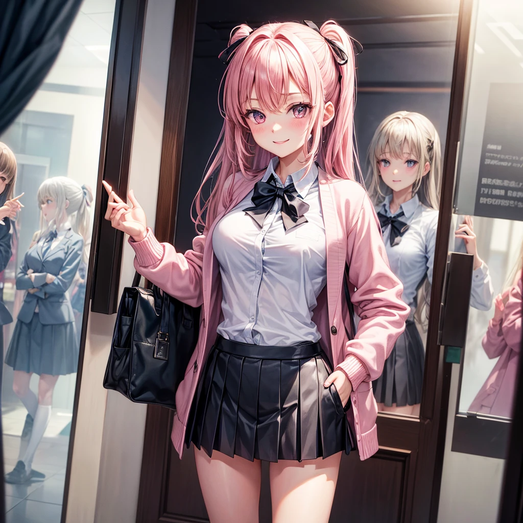 best quality,8K,smile,cardigan,A mirror-like transparent surface,They are hugging each other,Evolution Fashion,future fashion,blazer,ribbon on uniform,mini skirt,high school girl,multiple girls are depicted,harem,idol group,photo shoot,long hair,wearing a cardigan,highest quality,big breasts,happy girl,horny girl,pink eyes,perfect face,standing position,I have my hands in my pockets,letting down one's Bangs,beautiful eyes,gym,girls hugging each other,smooth hair,multicolored hair colors,naughty girl,beautiful girl,beautiful girl,loose socks