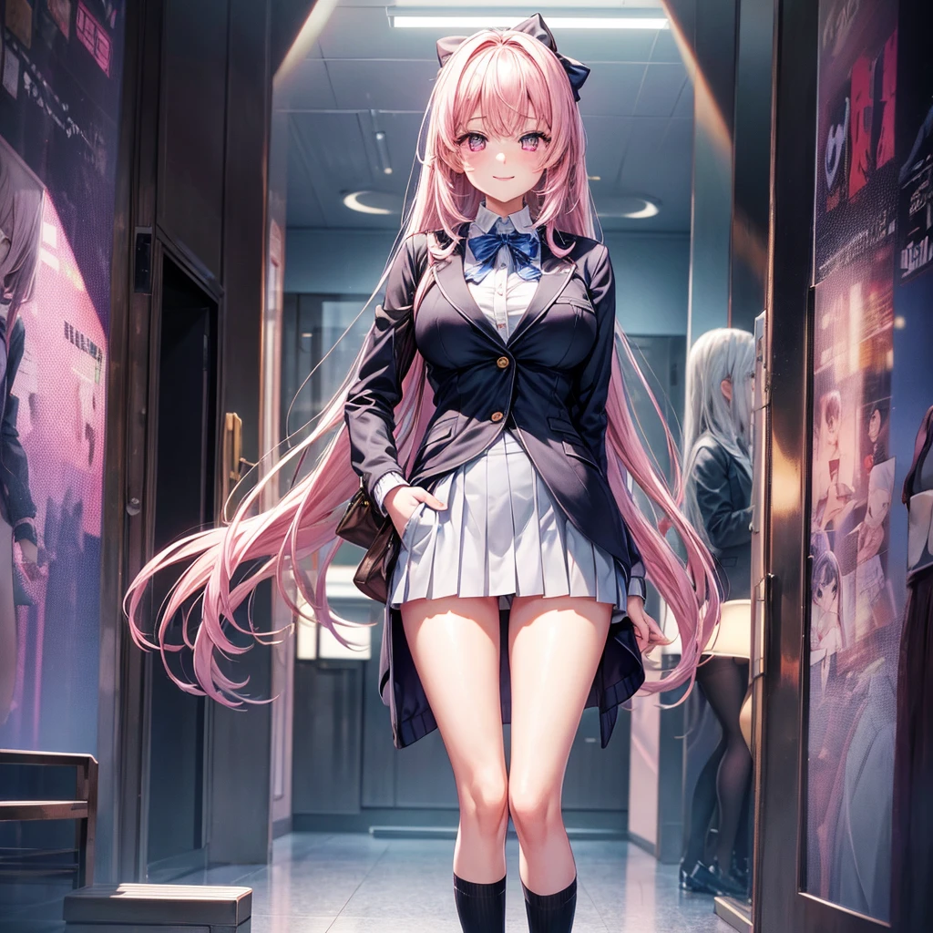 best quality,8K,smile,cardigan,A mirror-like transparent surface,They are hugging each other,Evolution Fashion,future fashion,blazer,ribbon on uniform,mini skirt,high school girl,multiple girls are depicted,harem,idol group,photo shoot,long hair,wearing a cardigan,highest quality,big breasts,happy girl,horny girl,pink eyes,perfect face,standing position,I have my hands in my pockets,letting down one's Bangs,beautiful eyes,gym,girls hugging each other,smooth hair,multicolored hair colors,naughty girl,beautiful girl,beautiful girl,loose socks