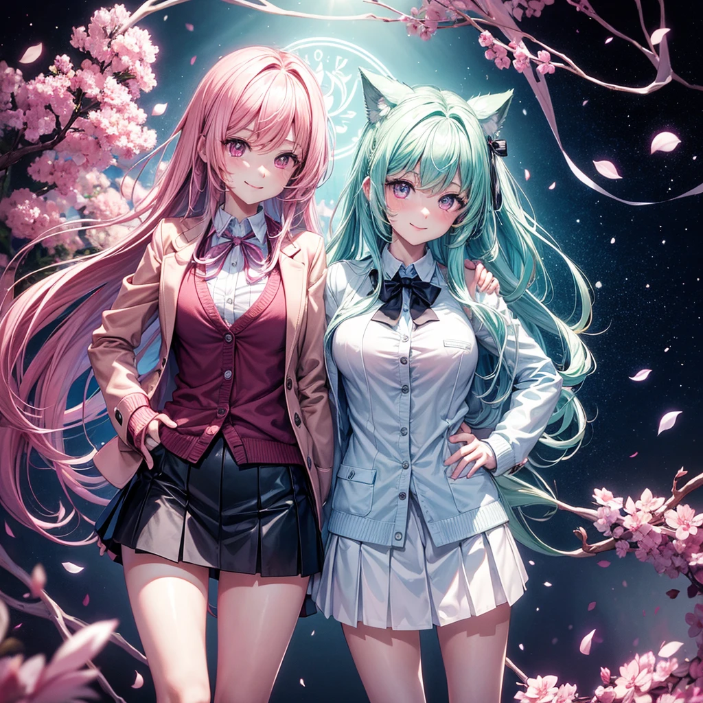 best quality,8K,smile,cardigan,A mirror-like transparent surface,They are hugging each other,Evolution Fashion,future fashion,blazer,ribbon on uniform,mini skirt,high school girl,multiple girls are depicted,harem,idol group,photo shoot,long hair,wearing a cardigan,highest quality,big breasts,happy girl,horny girl,pink eyes,perfect face,standing position,I have my hands in my pockets,letting down one's Bangs,beautiful eyes,gym,girls hugging each other,smooth hair,multicolored hair colors,naughty girl,beautiful girl,beautiful girl,loose socks