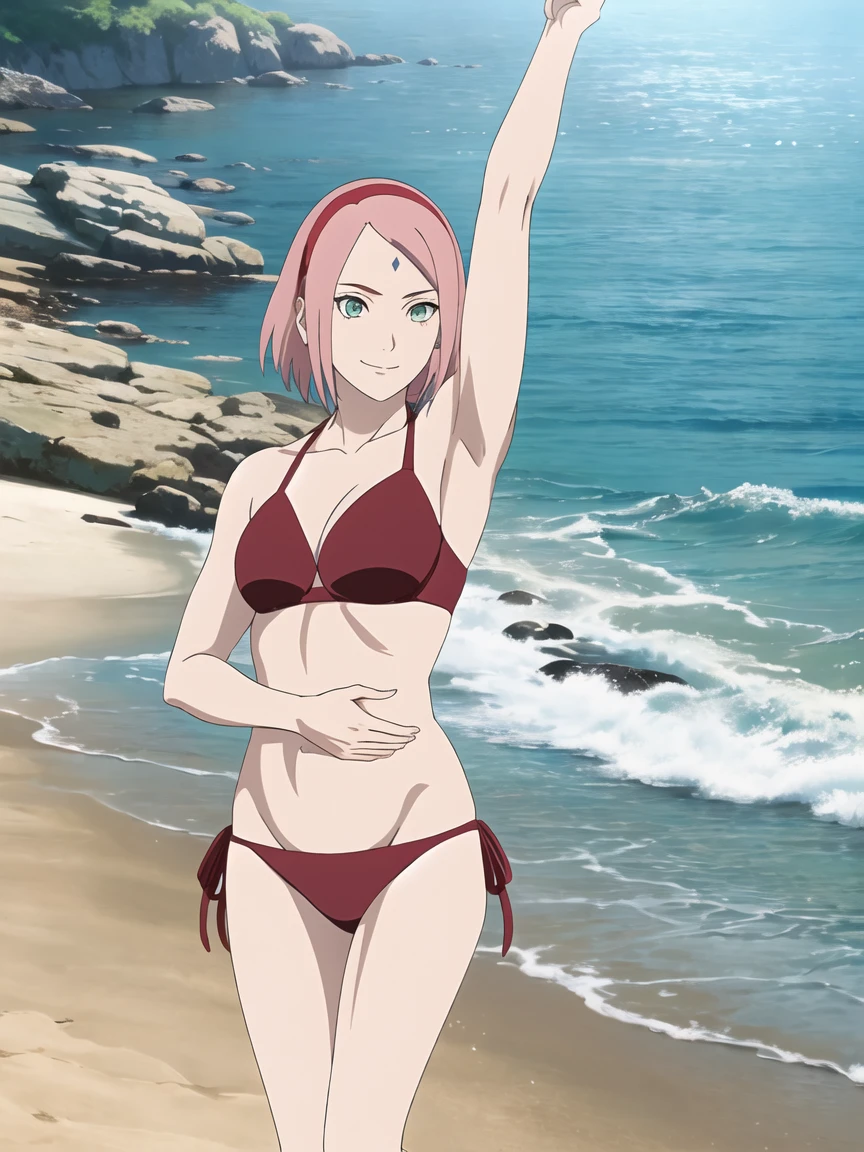 anime style, solo, 1 woman, super ultra details, very high resolution, perfect anatomy, ultra detailed face, high vibrance, (blue light), ((cold colors)), 1girl, haruno sakura, (tall, thin belly, off-shoulders, biceps, closed fists, pale skin, long belly, small breasts, forehead mark), ((red t-back bikini, red hair band)), looking at viewer, (beach, stretching, armpit line), floating hair, big smile, cowboy shot, (reddish pink hair, short hair), spring time((((standing different pose))))