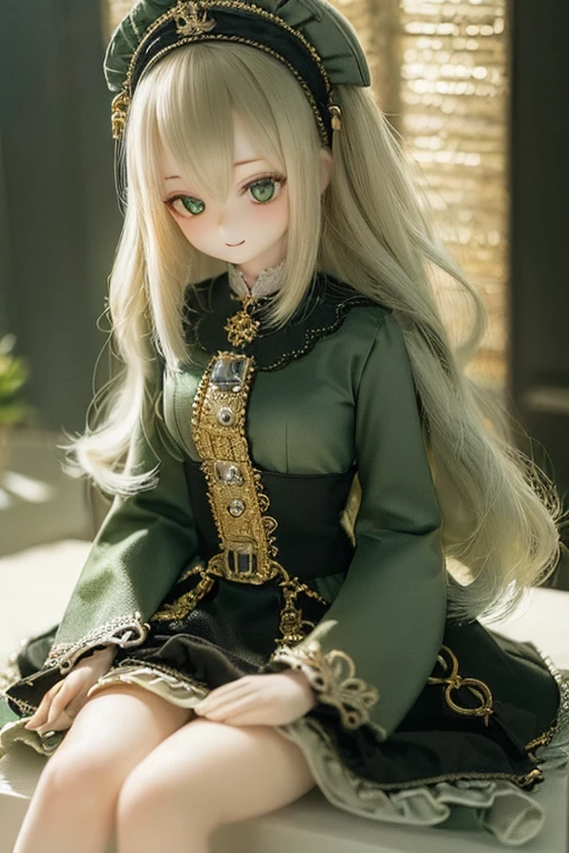 photorealistic, realistic photo, ((highest quality)), ((masterpiece)), (extremely detailed), kukolnydom, doll, (mature woman:1.7), solo, eye level shot, sitting on sofa, hands on knees, green eyes, (looking down, light smile, blank eyes, empty eyes, detailed eyes:1.3), dress, museum, 8k
