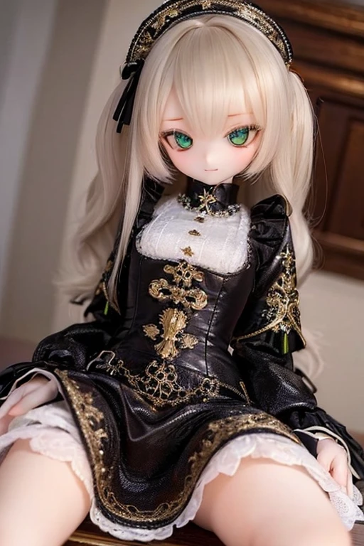 ((highest quality)), ((masterpiece)), (extremely detailed), kukolnydom, doll, (mature woman:1.3), solo, eye level shot, sitting on desk, green eyes, (looking down, blank eyes:1.3), light smile, dress, castle, 8k