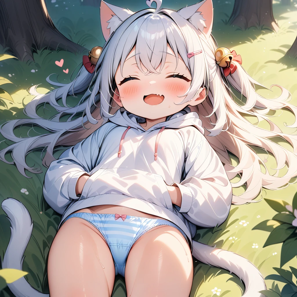 (masterpiece:1.2,high quality),8K,High resolution,A seven-year-old girl,cute girl,white hair,long hair,crossed bangs,hair bell,hairclip,hair two side up,Sleeping,heart ahoge,cat ears,laughing,skin fang,saliva,Wear a white hoodie,no shorts,Blue striped panties,Bows on panties,Lying in the forest,There are flowering trees on both sides,primary school student,thigh,Calf,white socks,cat tail,alone,(Put your hands in your pockets)