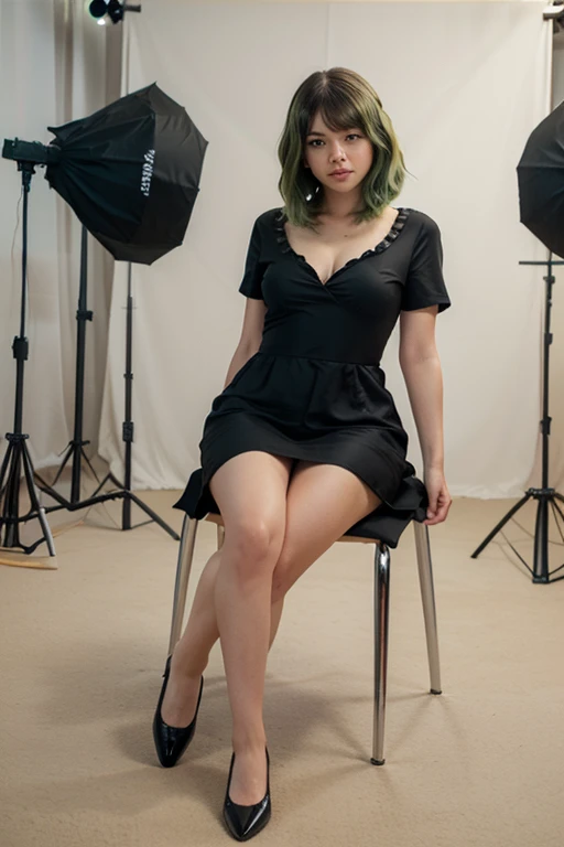 ((best quality)), ((masterpiece)), (detailed), Tatsumaki from one puch man, green hair, sitting on a chair, thick body, Thick legs, wearing black pointed flats shoes, short silk dress, entire figure, no background, picture focus on legs, focus on flats, show entire figure, location photoshoot studio.
