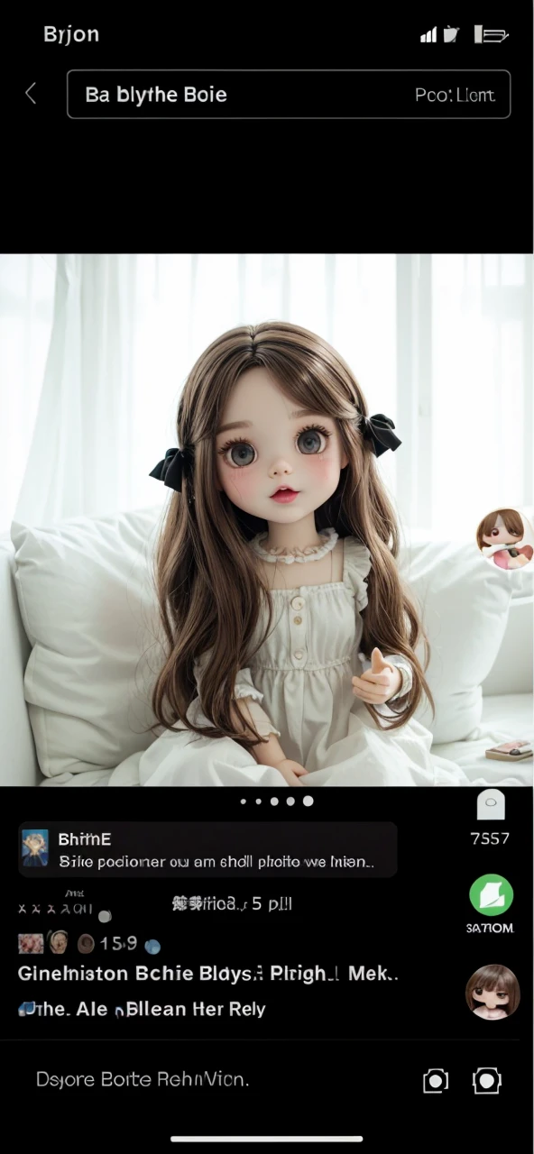 Make this Blythe doll have medium, straight brown hair, brown eyes, a big mouth, and a black dress.