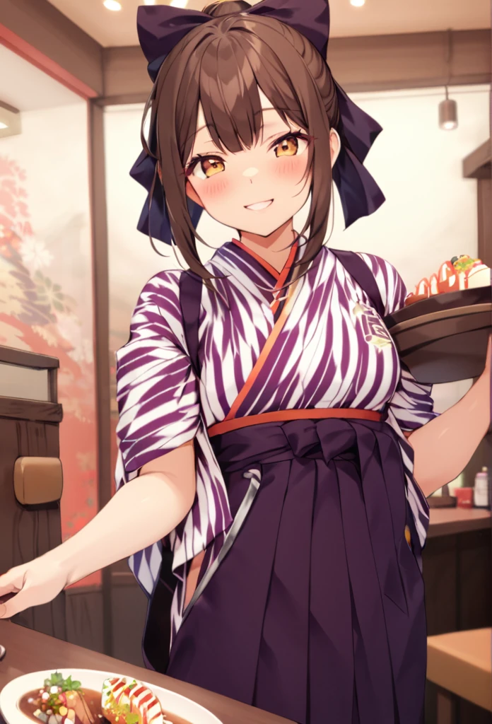 BMC, yagasuri, japanese clothes, 1girl, smile, waitress, hakama skirt, food, solo focus, real life insert, brown hair, yagasuri,happy, smile, looking at viewer, standing, 
best quality,  highres, extreme detailed
 yellowfox 