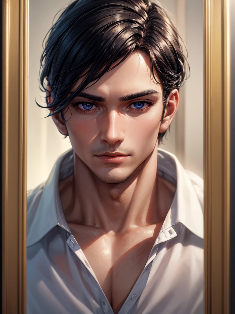 a man wearing white shirt, mirror selfie, blurred background, extremely detailed and realistic face, handsome, beautiful detailed eyes, beautiful detailed lips, extremely detailed eyes and face, long eyelashes, chiseled jawline, glowing skin, dramatic lighting, cinematic composition, high quality, 8k, photorealistic, professional studio lighting, anime ,black hair