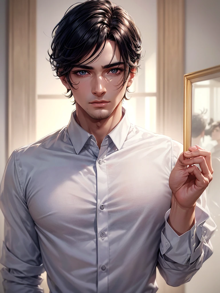 a man wearing white shirt, mirror selfie, blurred background, extremely detailed and realistic face, handsome, beautiful detailed eyes, beautiful detailed lips, extremely detailed eyes and face, long eyelashes, chiseled jawline, glowing skin, dramatic lighting, cinematic composition, high quality, 8k, photorealistic, professional studio lighting, anime ,black hair