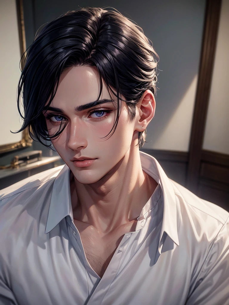 a man wearing white shirt, mirror selfie, blurred background, extremely detailed and realistic face, handsome, beautiful detailed eyes, beautiful detailed lips, extremely detailed eyes and face, long eyelashes, chiseled jawline, glowing skin, dramatic lighting, cinematic composition, high quality, 8k, photorealistic, professional studio lighting, anime ,black hair