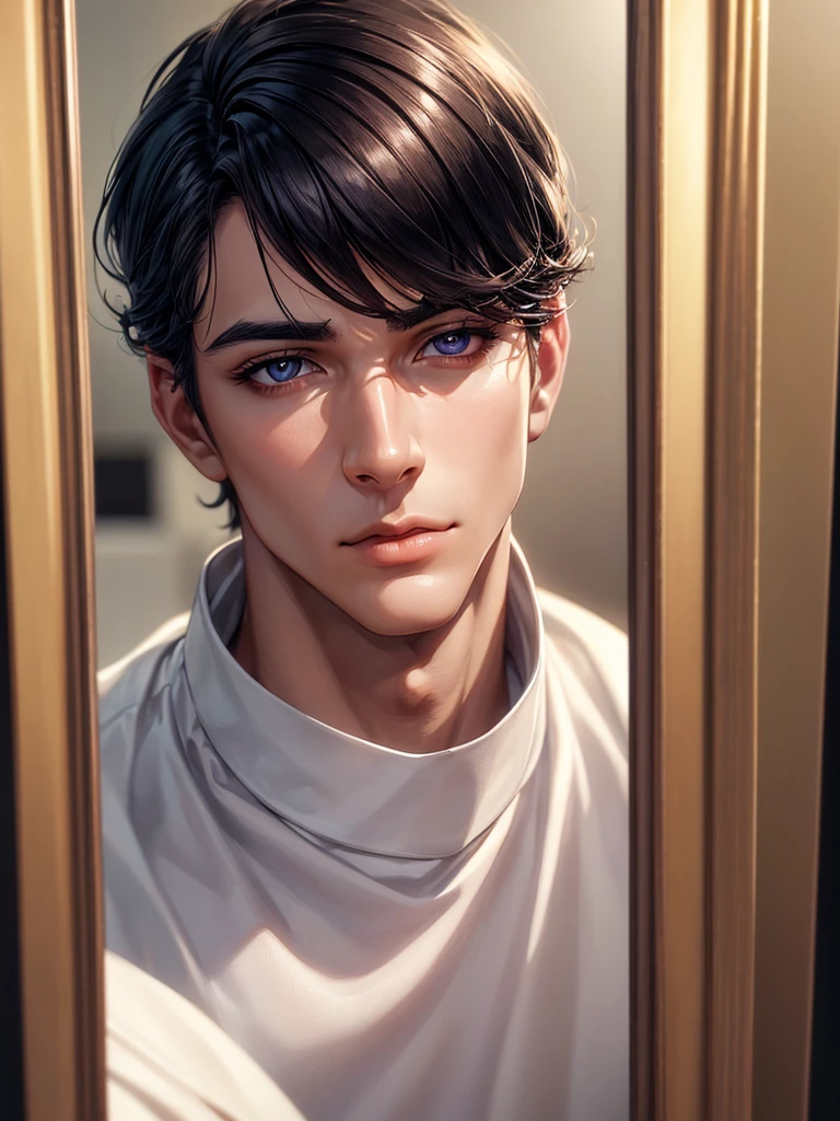 a man wearing white shirt, mirror selfie, blurred background, extremely detailed and realistic face, handsome, beautiful detailed eyes, beautiful detailed lips, extremely detailed eyes and face, long eyelashes, chiseled jawline, glowing skin, dramatic lighting, cinematic composition, high quality, 8k, photorealistic, professional studio lighting, anime ,black hair