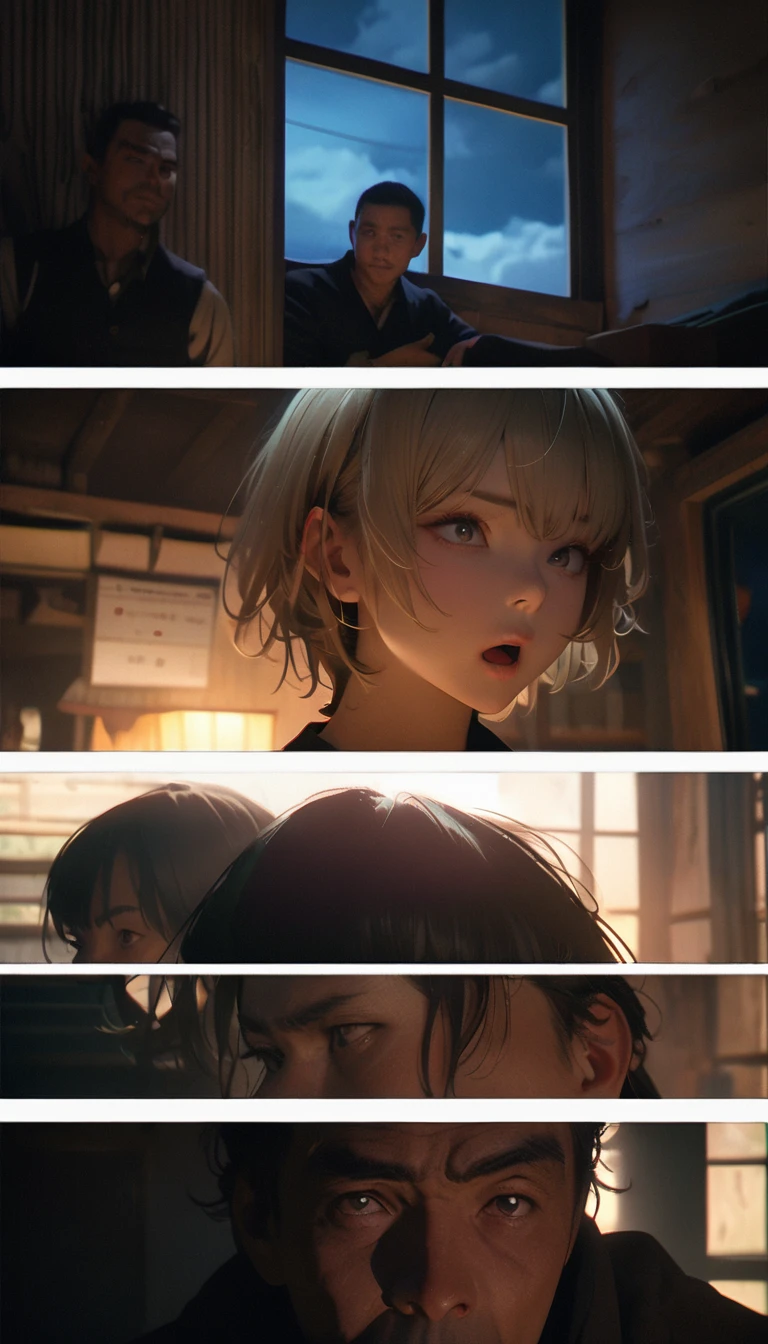 (8K, RAW photos, best quality, masterpiece: 1.4), (((Four middle-aged men playing mahjong)))，Ultra-high resolution, Extremely detailed, light, Close-up of the second floor window, Greasy man, Scruffy hair, Dark skin,dark, Sleeveless vest, Open your mouth to argue,(perfect anatomy:1.2), High-quality shadows, Natural Lighting, (White highlights:1.2), night, cloudy day, (Looking inside the house from the second floor window:1.2), (Room:1.2)
