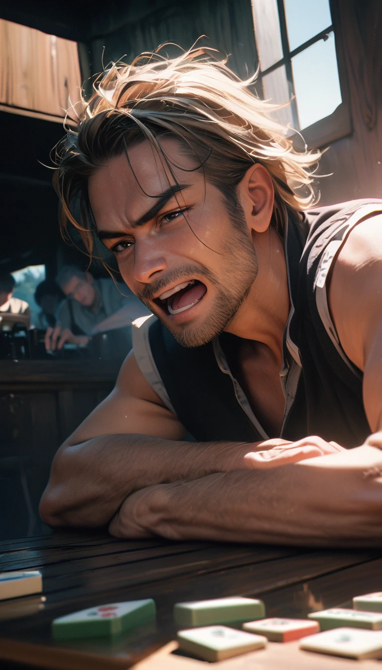(8K, RAW photos, best quality, masterpiece: 1.4), (((Four middle-aged men playing mahjong)))，Ultra-high resolution, Extremely detailed, light, Close-up of the second floor window, Greasy man, Scruffy hair, Dark skin,dark, Sleeveless vest, Open your mouth to argue,(perfect anatomy:1.2), High-quality shadows, Natural Lighting, (White highlights:1.2), night, cloudy day, (Looking inside the house from the second floor window:1.2), (Room:1.2)
