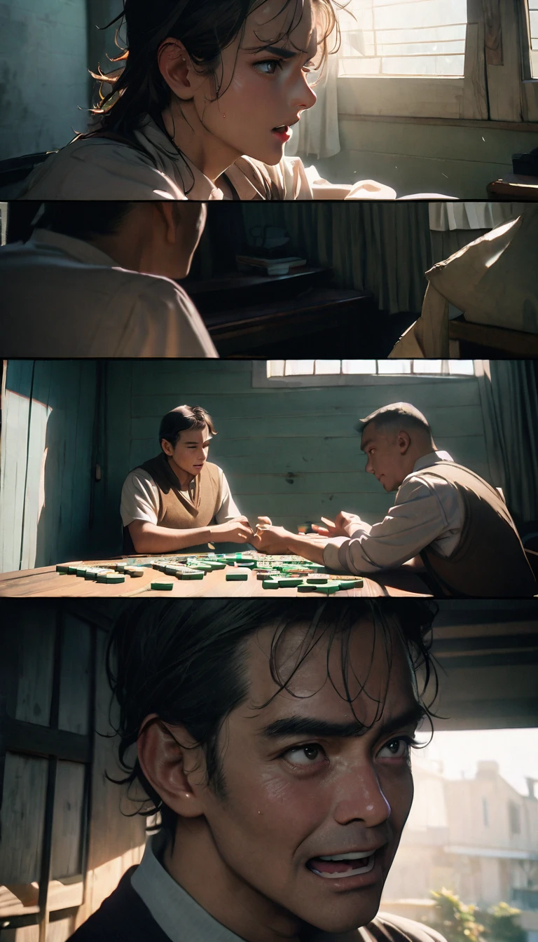 (8K, RAW photos, best quality, masterpiece: 1.4), (((Four middle-aged men playing mahjong))),Ultra-high resolution, Extremely detailed, light, Close-up of the second floor window, Greasy man, Scruffy hair, Dark skin,dark, Sleeveless vest, Open your mouth to argue,(perfect anatomy:1.2), High-quality shadows, Natural Lighting, (White highlights:1.2), night, cloudy day, (Looking inside the house from the second floor window:1.2), (Room:1.2)