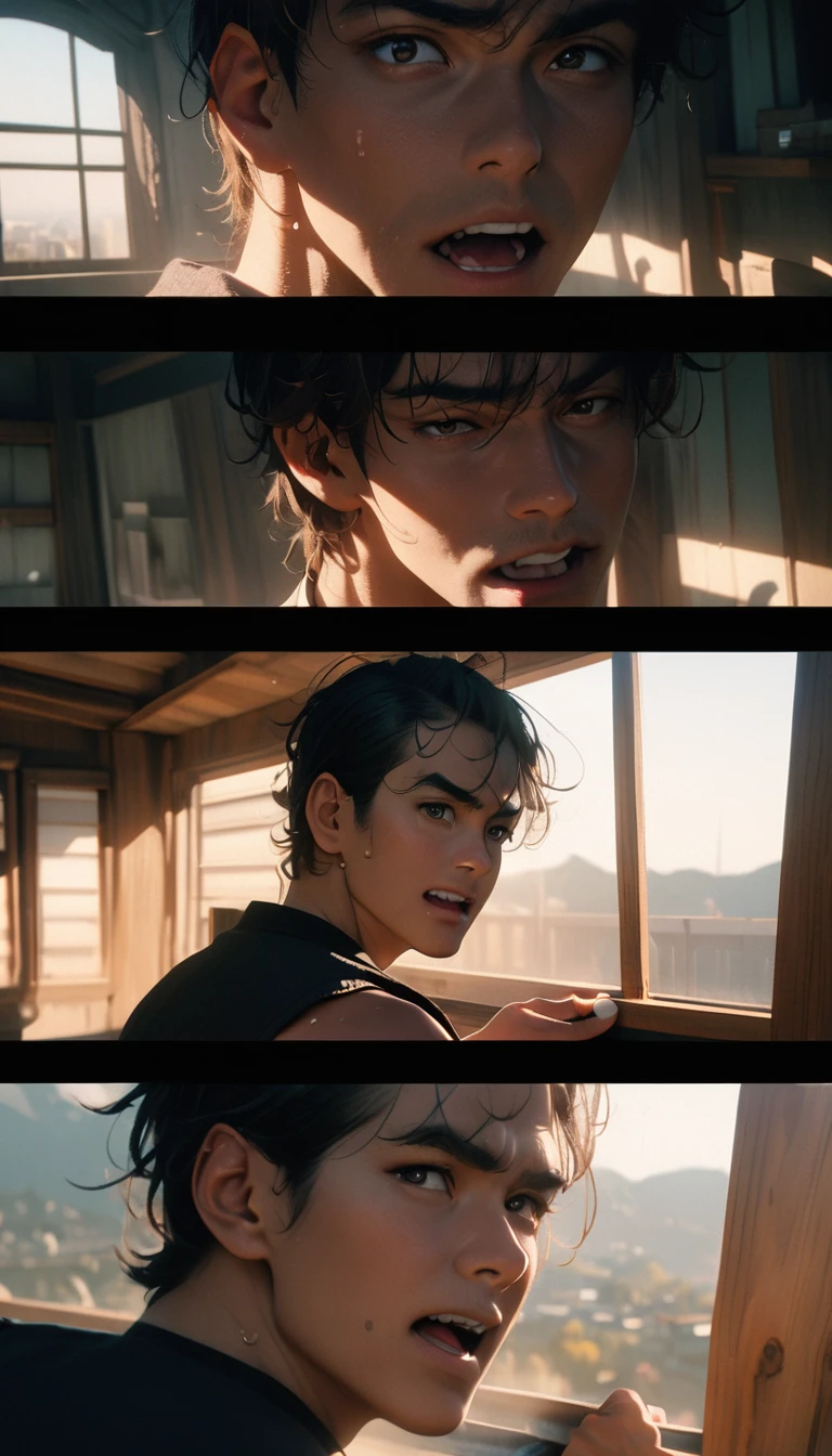 (8K, RAW photos, best quality, masterpiece: 1.4), (((Four middle-aged men playing mahjong))),Ultra-high resolution, Extremely detailed, light, Close-up of the second floor window, Greasy man, Scruffy hair, Dark skin,dark, Sleeveless vest, Open your mouth to argue,(perfect anatomy:1.2), High-quality shadows, Natural Lighting, (White highlights:1.2), night, cloudy day, (Looking inside the house from the second floor window:1.2), (Room:1.2)