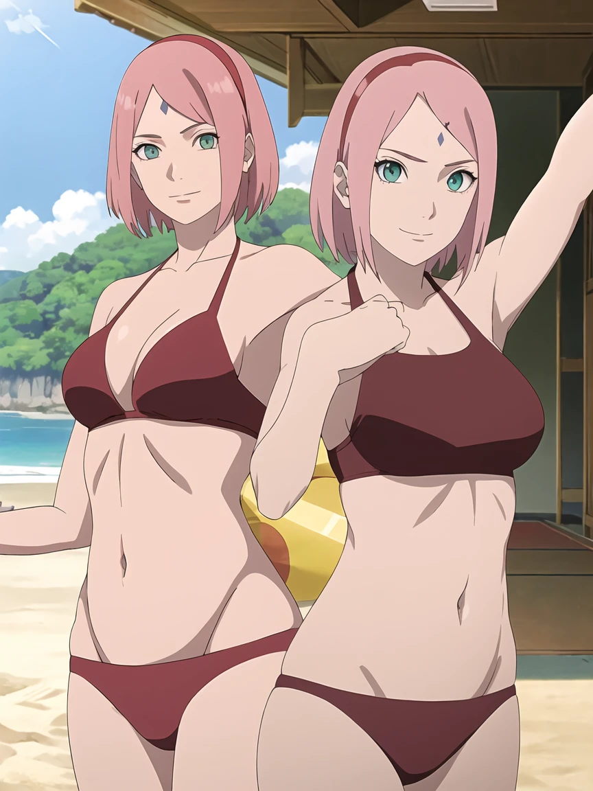 anime style, solo, 1 woman, very high resolution, perfect anatomy, ultra detailed face, high vibrance, (blue light), ((cold colors)), 1girl, haruno sakura, (tall, thin belly, off-shoulders, biceps, closed fists, pale skin, long belly, small breasts, forehead mark), ((red t-back bikini, red hair band)), looking at viewer, (beach, stretching), floating hair, big smile, cowboy shot, (reddish pink hair, short hair), spring time