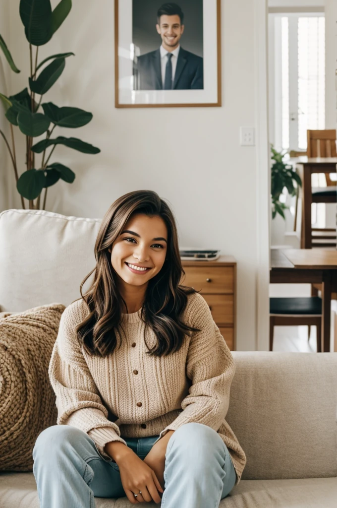 A smiling well-dressed person , in a comfortable house enjoying your time