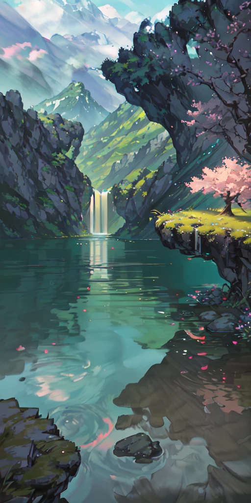 china ancient, spring, jungle, lake, cave, waterfall, tree, grassland, rock, deer, hot spring, vapor, (illustration: 1.0), Narrative composition, realistic lighting, HD detail, masterpiece, best quality, (Highly detailed CG integrated 8k wallpaper)
