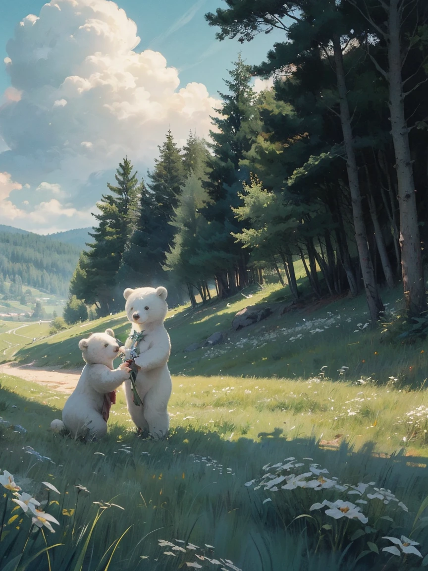((several white bears)),(Play in the fields, paddy,cute white bear, Cute girls), Ghibli background style, Yuru Chara Style,Cute storybook illustrations, , 柔和light, cream, Giorgio Morandi colors, Thick Line Graph, Full color illustrations, Picnic in the forest, Cover Illustration, landscape,truck,grassland fields,grassland,plant,Natural Style, (light:1.0),masterpiece,Best quality,