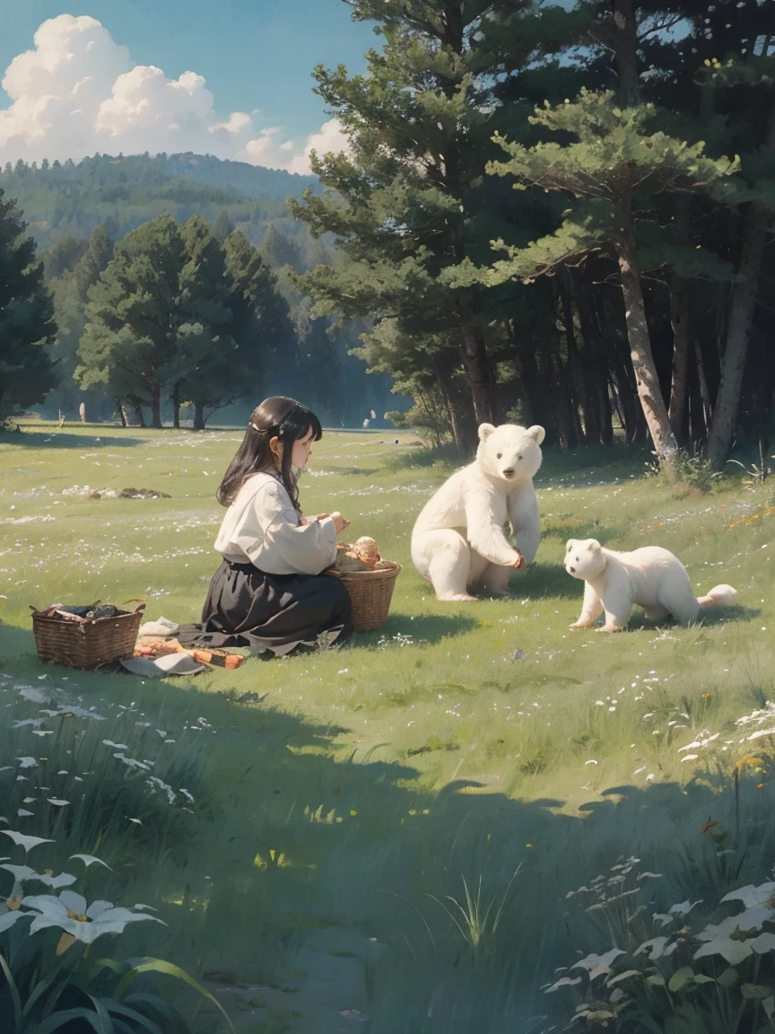 ((several white bears)),(Play in the fields, paddy,cute white bear, Cute girls), Ghibli background style, Yuru Chara Style,Cute storybook illustrations, , 柔和light, cream, Giorgio Morandi colors, Thick Line Graph, Full color illustrations, Picnic in the forest, Cover Illustration, landscape,truck,grassland fields,grassland,plant,Natural Style, (light:1.0),masterpiece,Best quality,