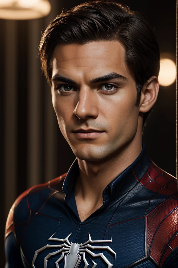 A photograph of Spider-Man., sin mascara, the 20s, elegant, detailed face, looking to the camera, portrait, 8k hd, high quality