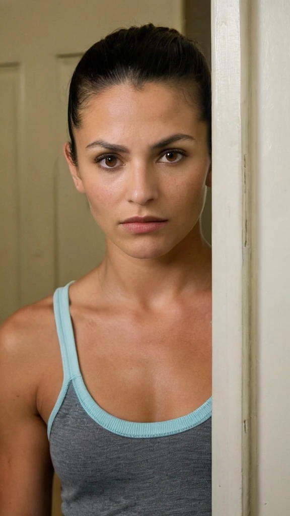 RAW photo portrait
female male senior robust, latin american, brown eyes,  roman nose, unusual chin,  symmetrical cheeks,     , black mid fade hair, sarcasm wearing  athletic leggings,     ,, peeking from behind a door, peering from behind a slightly ajar door, creating an air of secrecy and allure, ethereal lighting, soft and otherworldly light, ideal for fantasy and romantic elements, a cheerful school classroom, with students working together and a passionate teacher
suburbia, coral atoll
(natural skin:1), (skin details, skin texture:1.1), (skin pores:0.5), (skin imperfections:0.3), extremely detailed, absurdres, sharp focus,  volumetric lighting, subsurface scattering
 