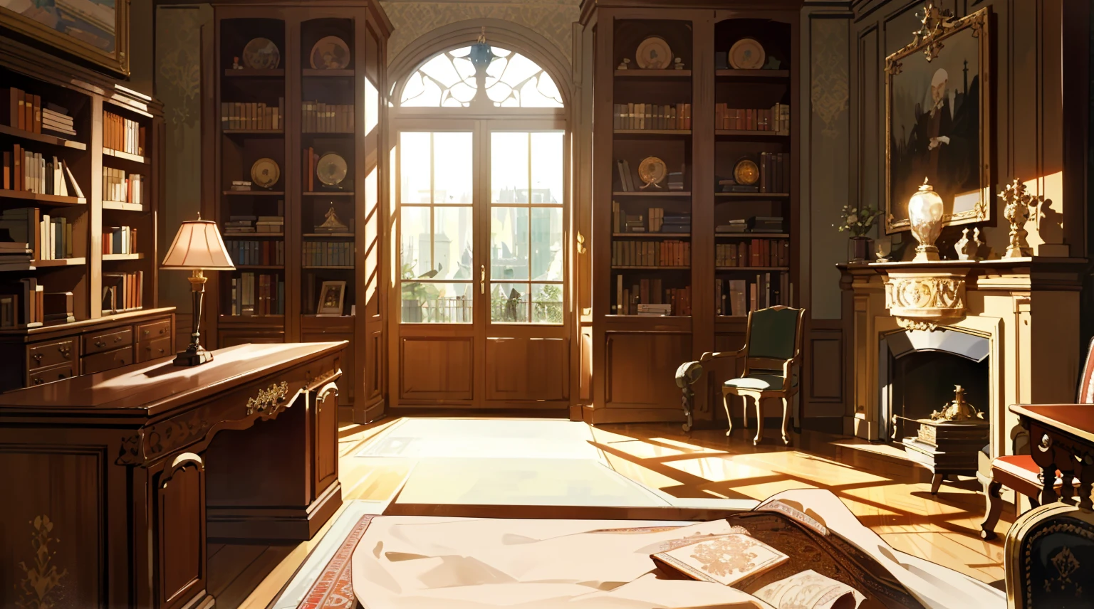 （best quality，masterpiece：1.2，detailed details，4k），Middle Ages, a gorgeous mafia boss's office,，Interior, victorian Manor with reliquies, (((Nigth))), (((moonligth enters the living room))) soft pale orange palette, soft secundary exterior ligth