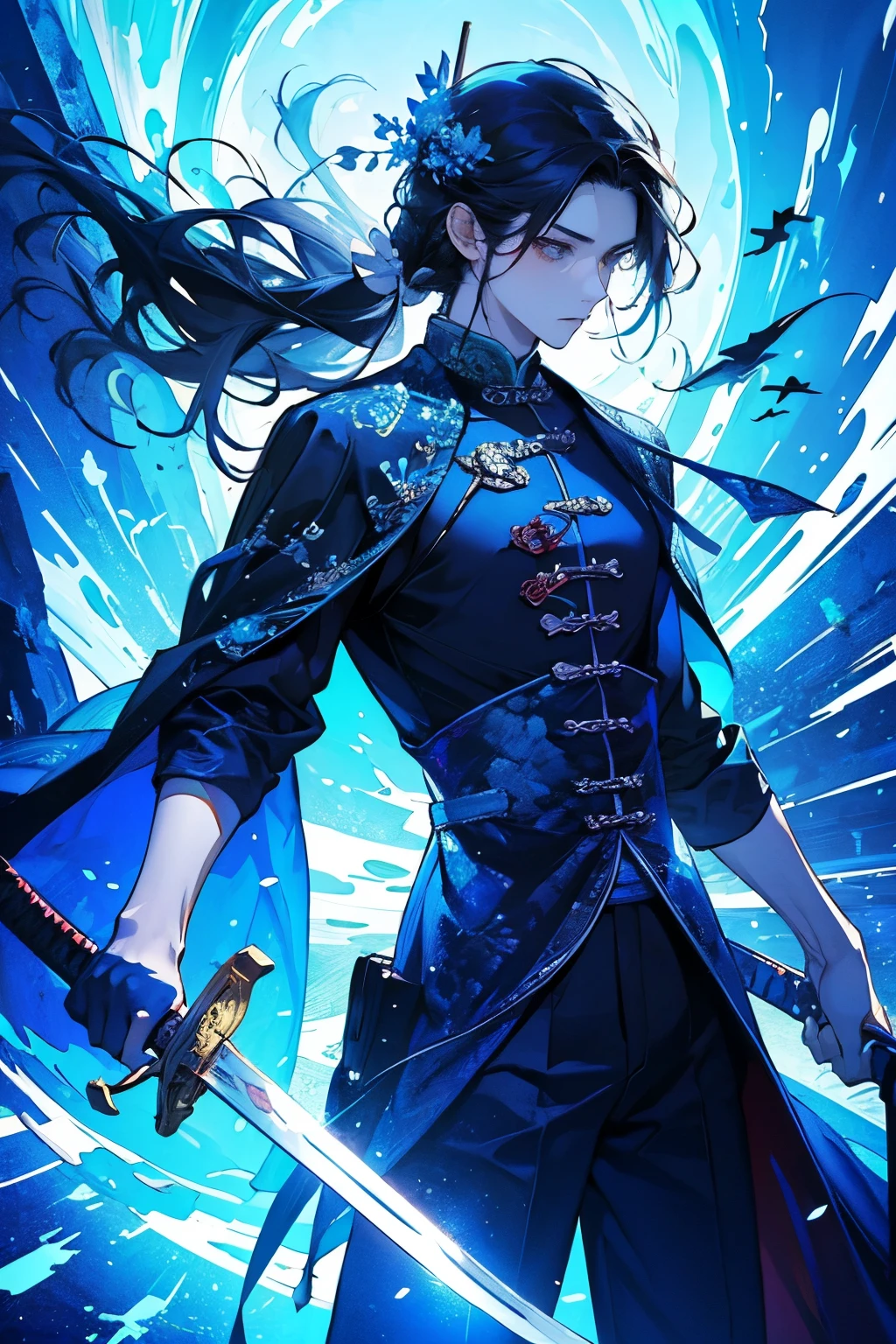 (masterpiece:1.2),(best quality:1.4),((Good hand:1.2)),(perfect hand:1.2),,Chinese style,
1men's,weapon,(sword),solo,hair ornament,holding weapon,glowing,