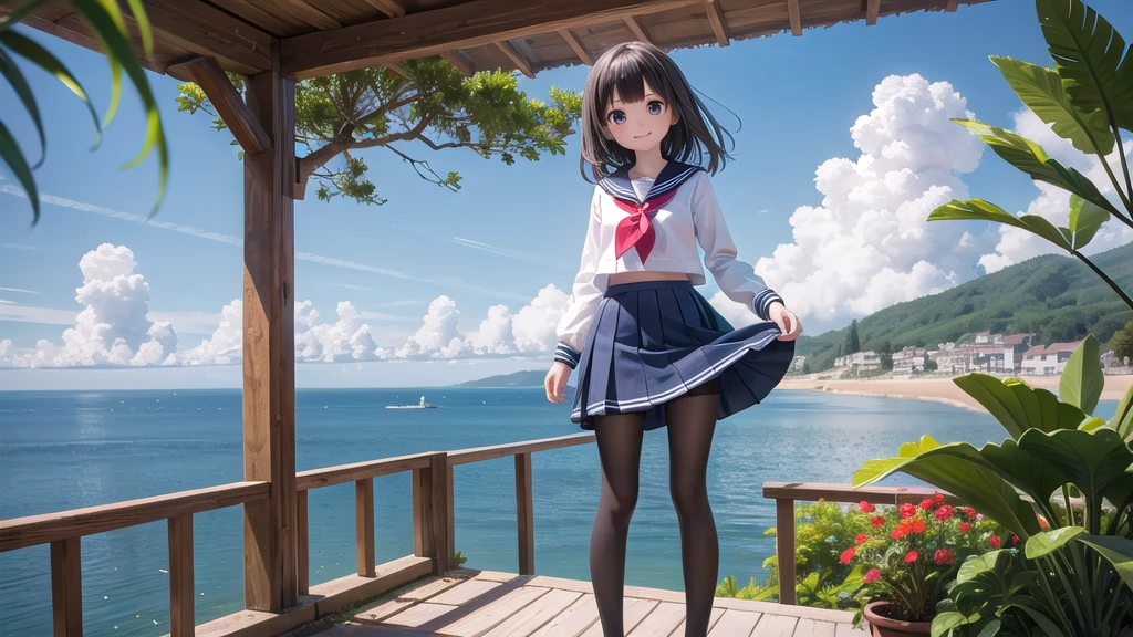 (masterpiece), town, blue sky, One Girl, Place the person on the right, smile, alone, Sailor suit、Long skirt, Overgrown, petal, plant、Skirt lining、Translucent slip、nostalgic、Black Pantyhose、I can see the ocean in the distance, Crotch close-up