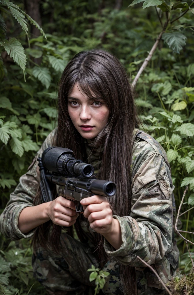 4K image of female sniper hiding in leaves., Wear a ghillie suit., Wear a sniper style camouflage uniform. ,Dark color, Masterpiece, Soft lighting and atmosphere, (god rays)