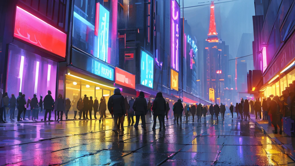 cityscape background. Lots of LED lights, Illuminating the night, Reflection of buildings in puddles on the ground. Movie, 8K, Rich in details
