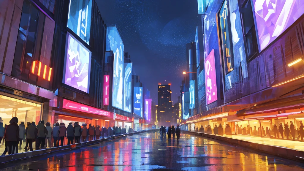 cityscape background. Lots of LED lights, Illuminating the night, Reflection of buildings in puddles on the ground. Movie, 8K, Rich in details