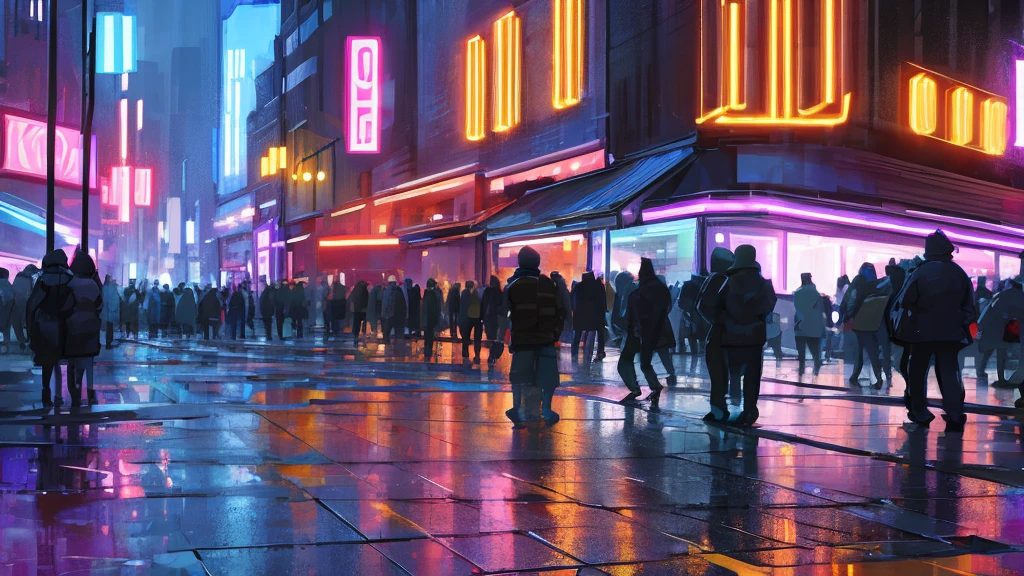 cityscape background. Lots of LED lights, Illuminating the night, Reflection of buildings in puddles on the ground. Movie, 8K, Rich in details
