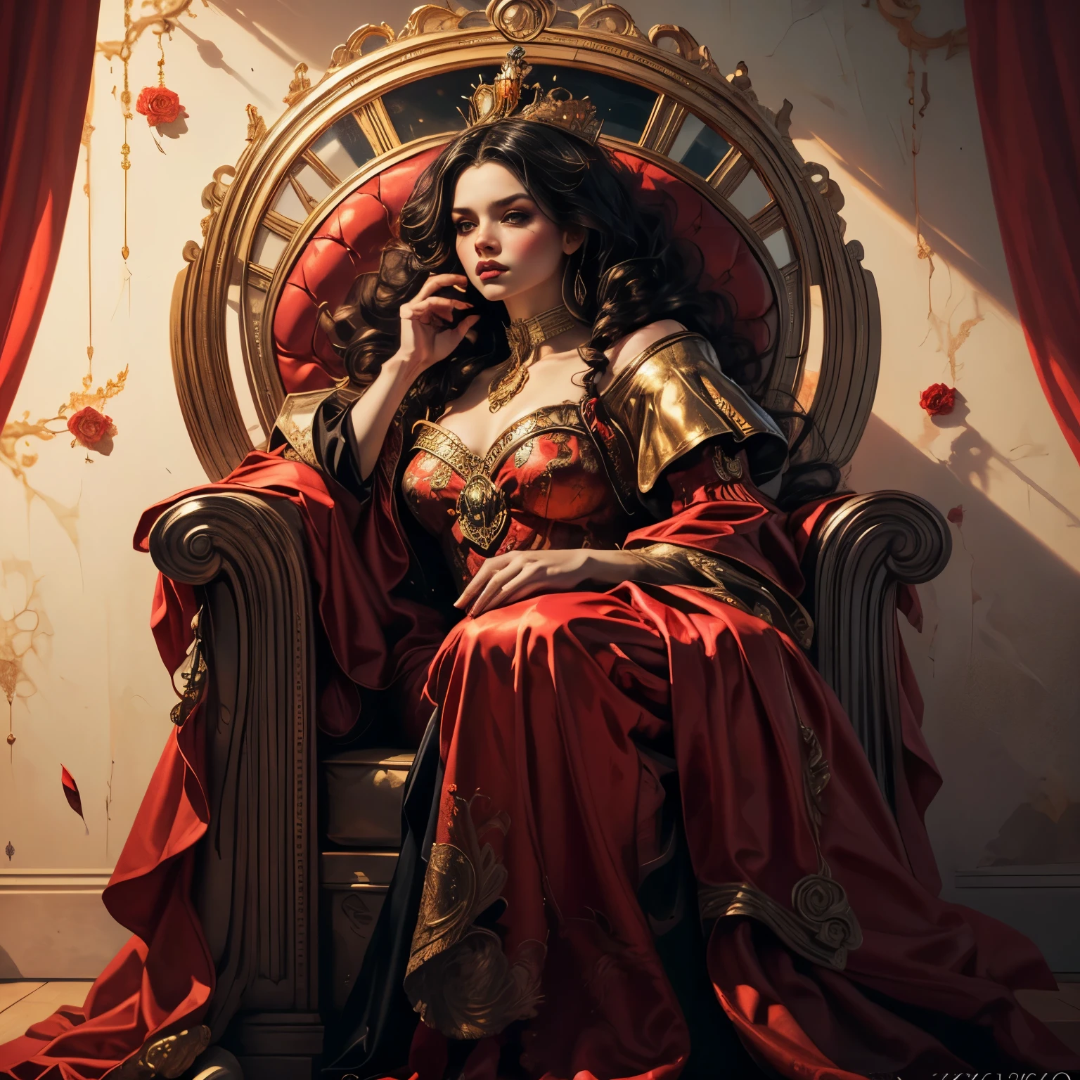 (full body portrait:1.1), a beautiful queen of hearts, elegant long red dress, flowing red cape, golden crown, striking red makeup, piercing gaze, regal posture, ornate throne, a background filled with pink and red roses:1.1, dramatic lighting, (best quality,4k,8k,highres,masterpiece:1.2),ultra-detailed,(realistic,photorealistic,photo-realistic:1.37),intricate details,cinematic composition,vibrant colors,chiaroscuro lighting,dramatic shadows,fantasy,digital art