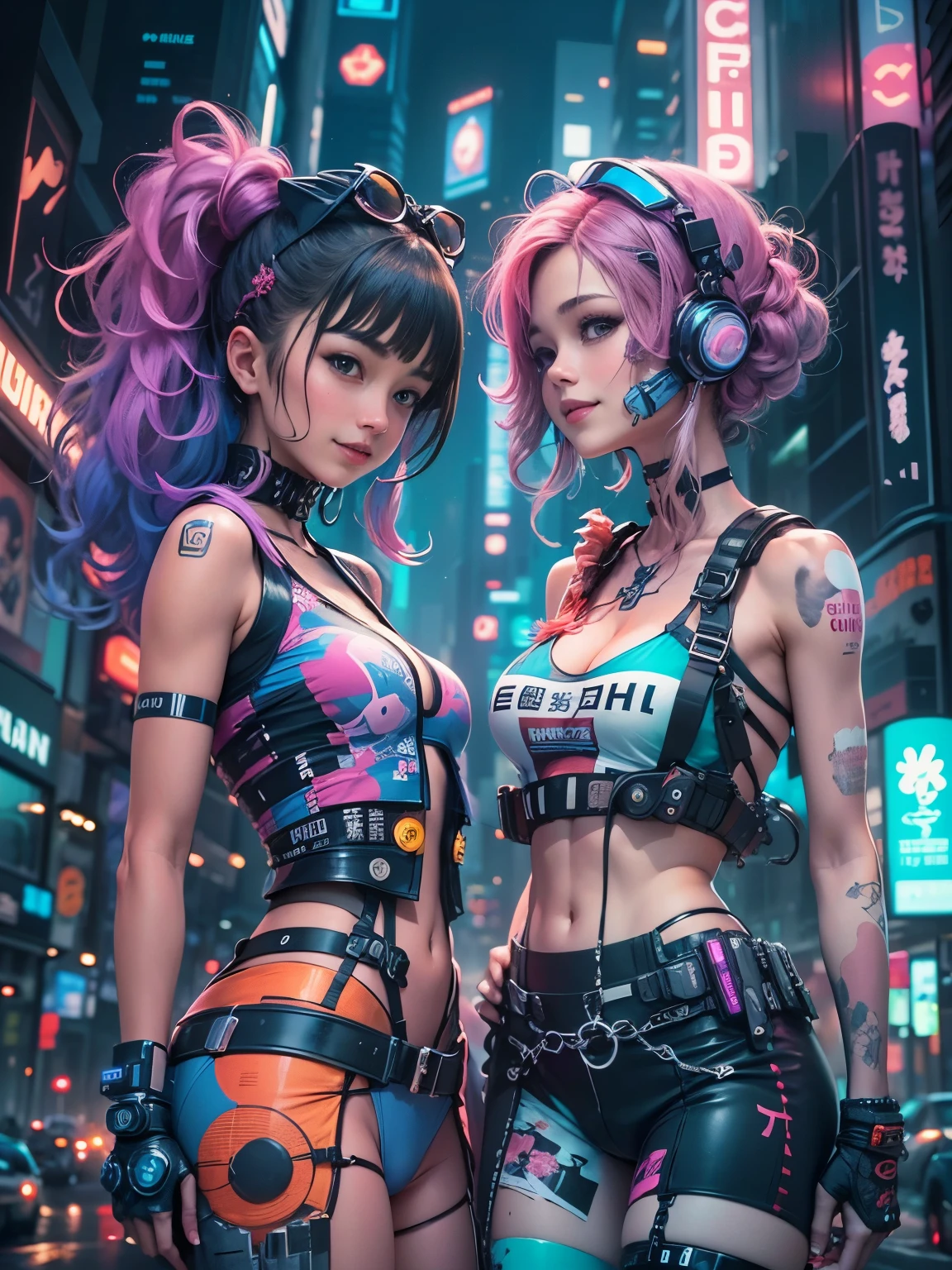 masterpiece, best quality, 2 ((Smile)) Cyberpunk girls standing together, Harajuku-style cyberpunk body harness, Bold Colors and Patterns, Eye-Catching Accessories, Stylish and novel hairstyle, Dazzling cyberpunk cityscape, Skyscraper, Glowing neon lights, LED 灯, Anime Illustrations, Delicate skin texture, Detailed fabric texture, Beautiful and delicate face, Intricate details, Extremely detailed, light, Strong contrast.