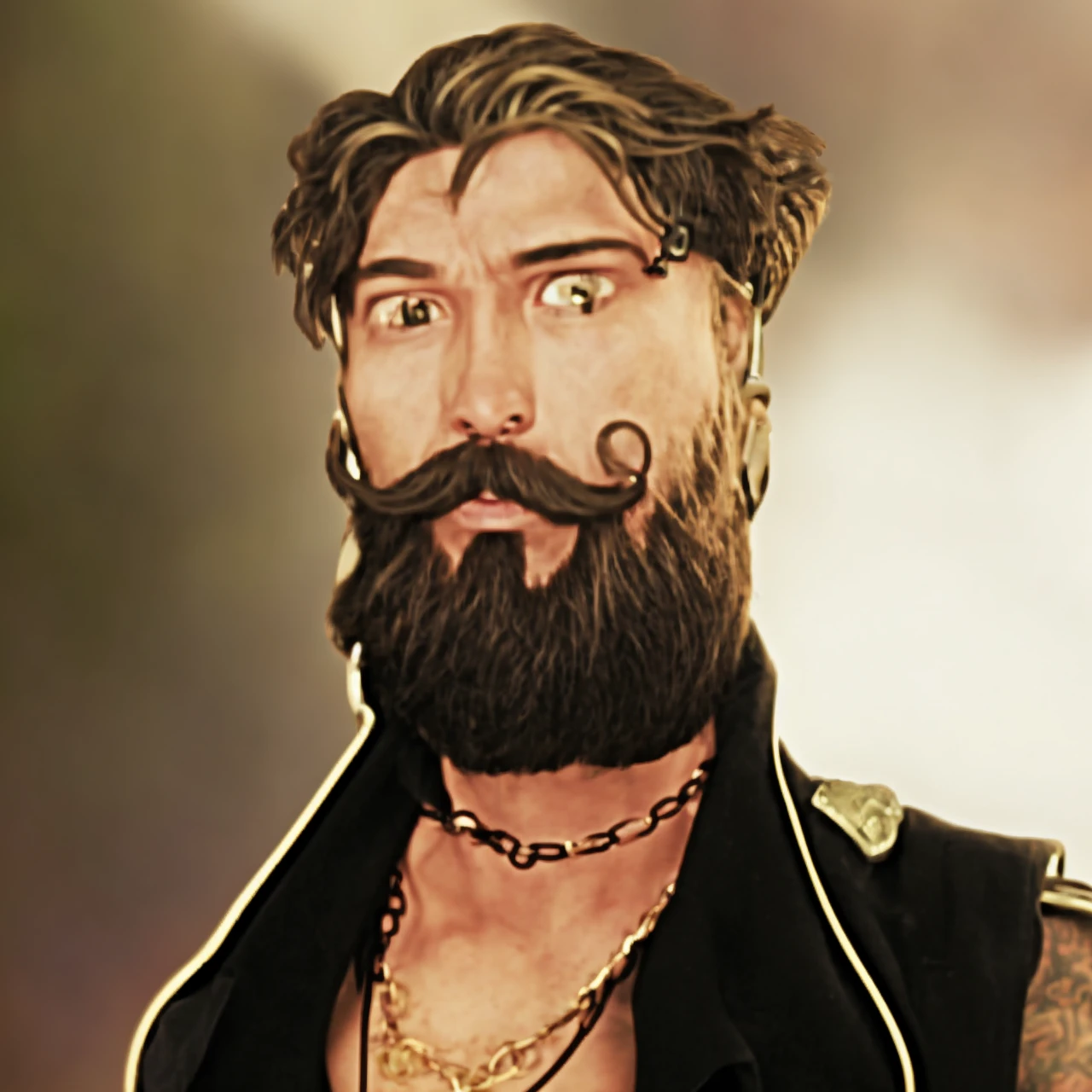 metal rocker man, hair faded sides, quiff, brown hair, big beard, handlebar moustache, brown eyes, chains necklace 