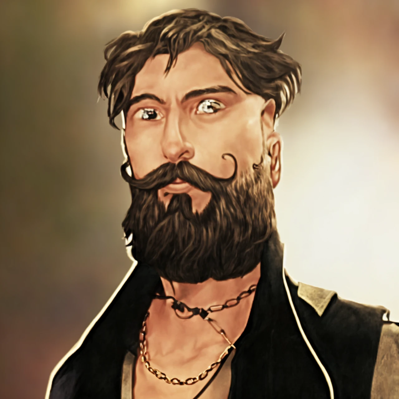 metal rocker man, hair faded sides, quiff, brown hair, big beard, handlebar moustache, brown eyes, chains necklace 