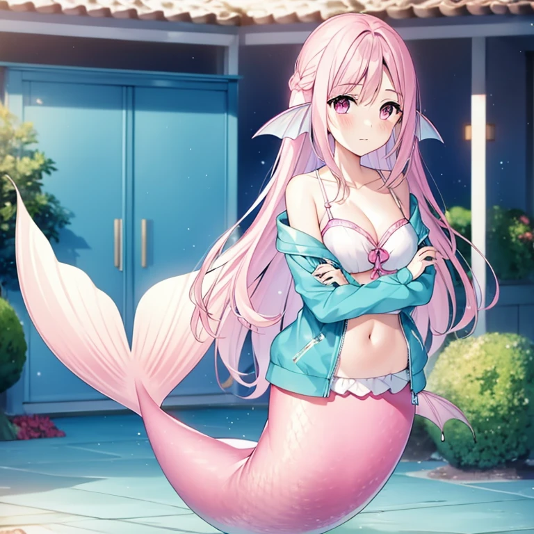 Mermaid underwater mermaid, mermaid tail, mermaid tail below waistline, jacket, cleavage, 1girl, pink hair, long hair, pink eyes, happy, blush,
