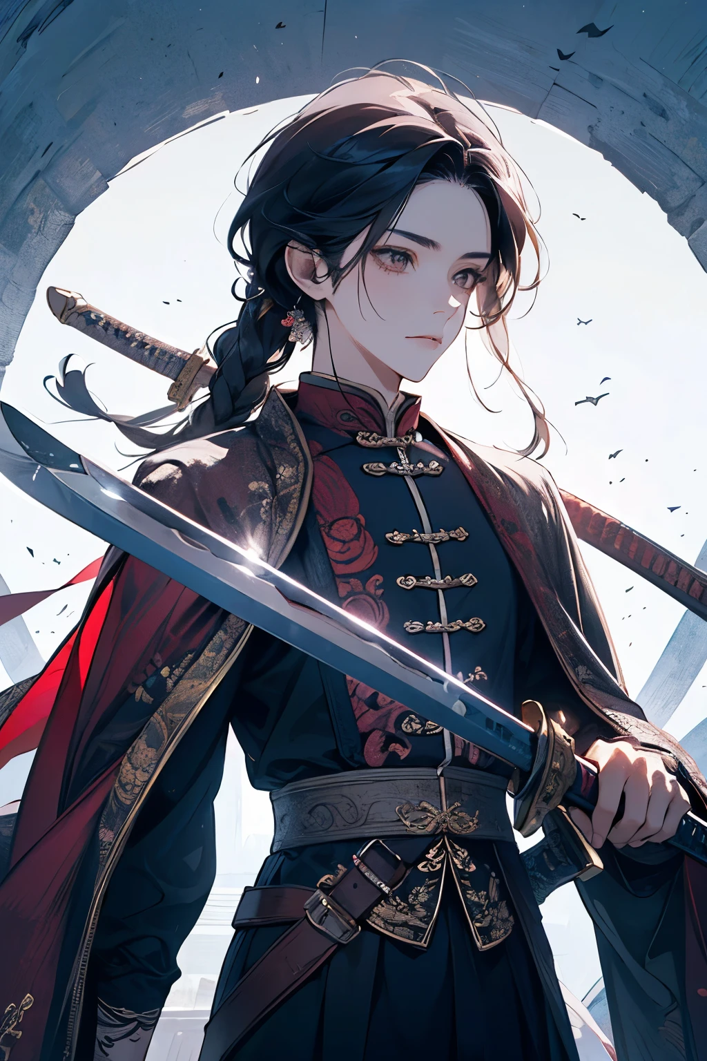 (masterpiece:1.2),(best quality:1.4),((Good hand:1.2)),(perfect hand:1.2),,Chinese style,
1men's,weapon,(sword),solo,hair ornament,holding weapon,glowing,