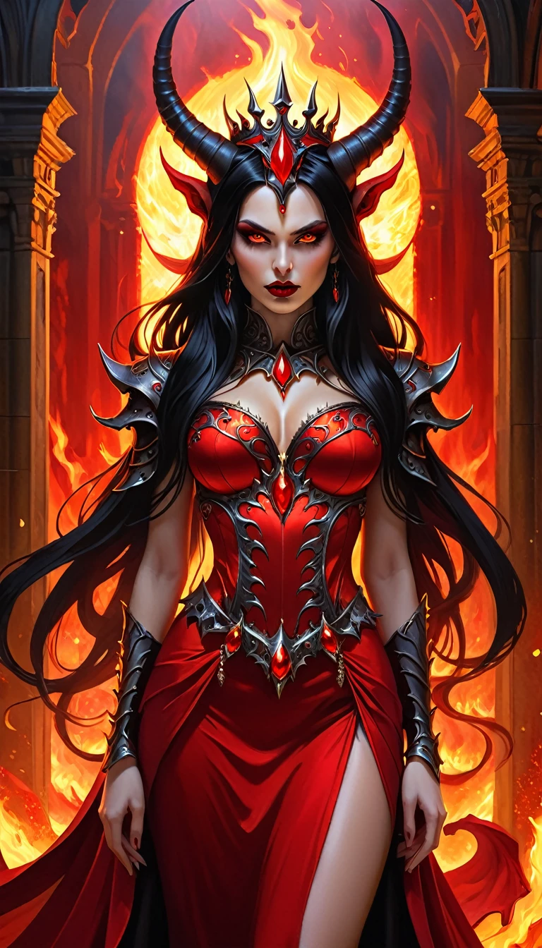 Arafed a picture of the queen of demons, in the halls of hell, a demons queen magnificent and full of awe, black hair, long hair, flowing hair, bold intense eyes, extremely exquisite beautiful queen, perfect body, (anatomically correct: 1.3), ultra feminine, ultra detailed face, black lips, fiery glowing eyes, (demonic horns from head: 1.1) , (red skin: 1.3), dynamic angle, there is (golden crown on her head: 1.1) , studded with diamonds and rubies, the hall of the queen of hell background, (masterpiece: 1.4) intense details, highly detailed, photorealistic, best quality, highres,16k, [ultra detailed], masterpiece, best quality, (extremely detailed), close up, ultra wide shot, photorealistic, RAW, fantasy art, dnd art, fantasy art, realistic art,((best quality)), ((masterpiece)), (detailed: 1.5), 