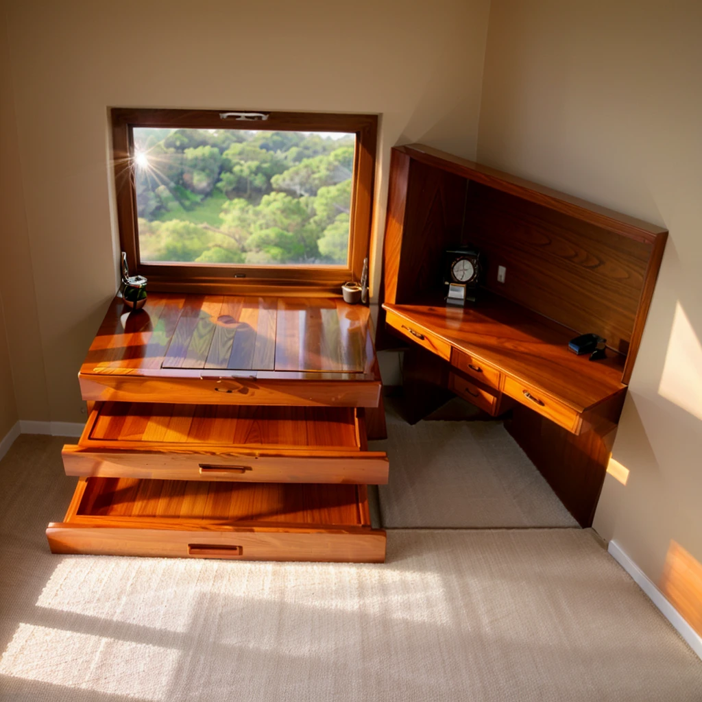 In this cozy room,A ray of sunlight shone through the half-drawn curtains on the table,Let the wood grain on the watch storage box shine with a faint luster。There was a calm and peaceful atmosphere in the air around them。There are several still lifes hanging on the walls of the room,It adds a touch of elegance to the space。And on the other side of the room,The half-open window lets in the breeze,The pages on the small desk by the window turned in the wind,This quiet scene gives a sense of tranquility and comfort。