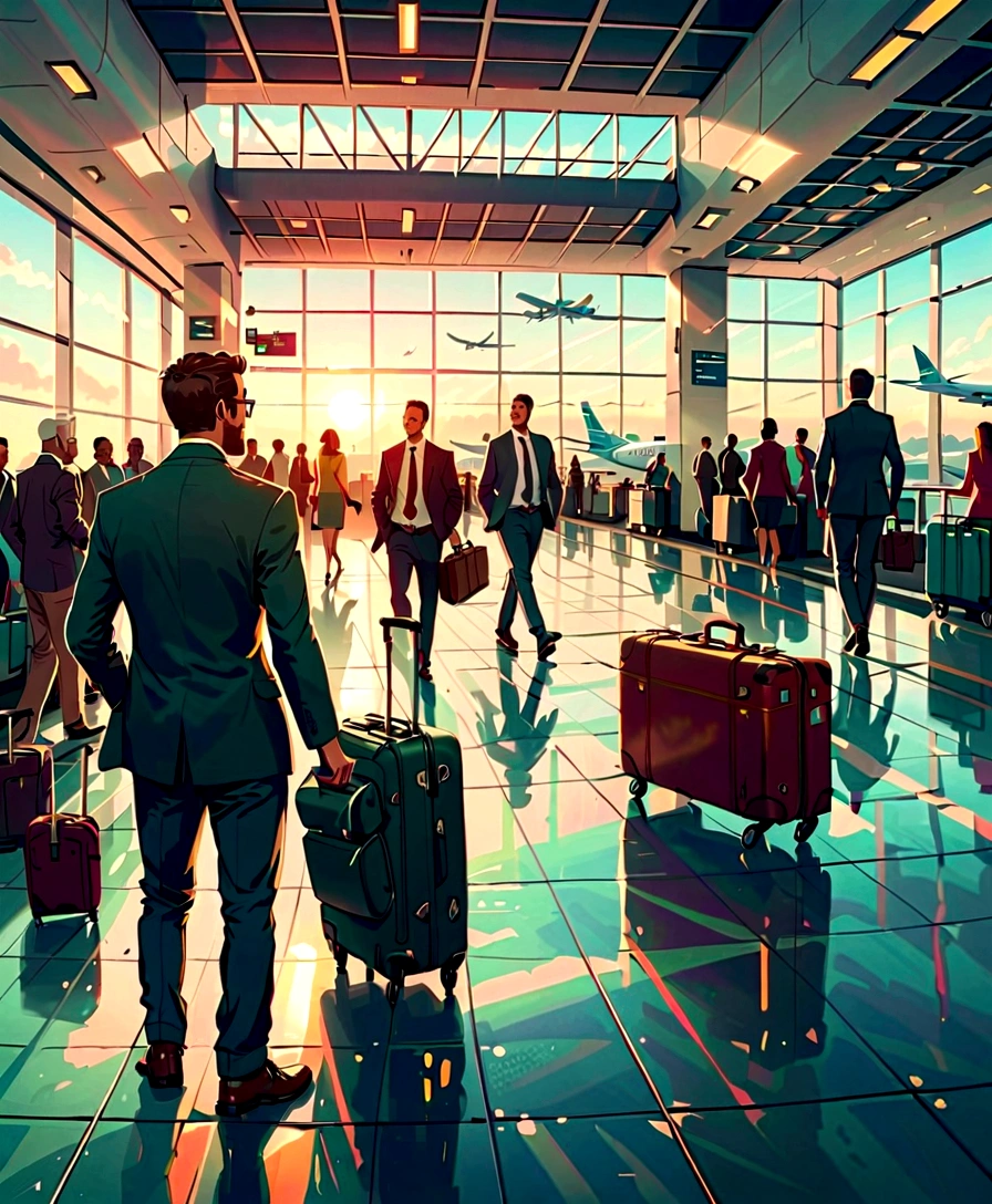 Departure lobby of the airport. The runway and airplanes can be seen through the large windows. People with suitcases line up at the check-in counter. A man walks strongly in the morning sun with a hopeful look on his face. He is pulling a suitcase.