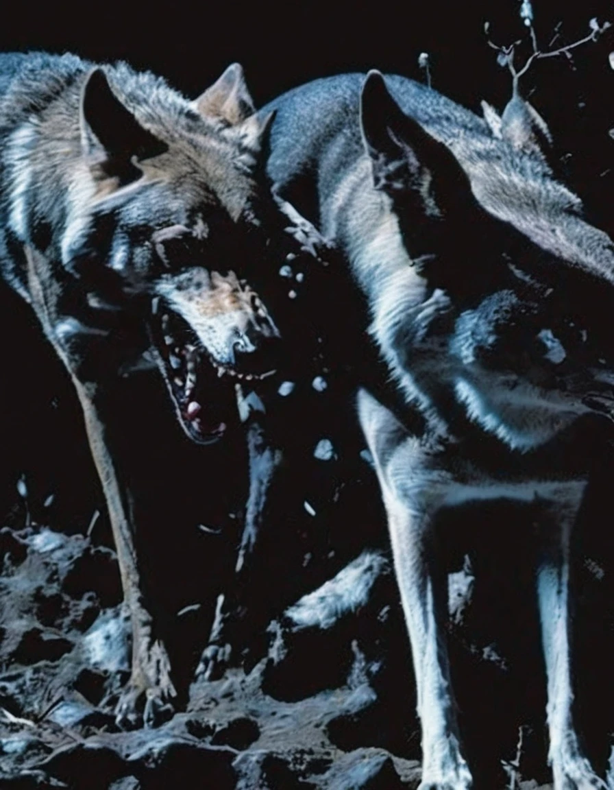 vector graphic, crashing together wolves at night