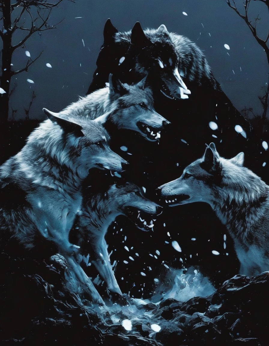 vector graphic, crashing together wolves at night