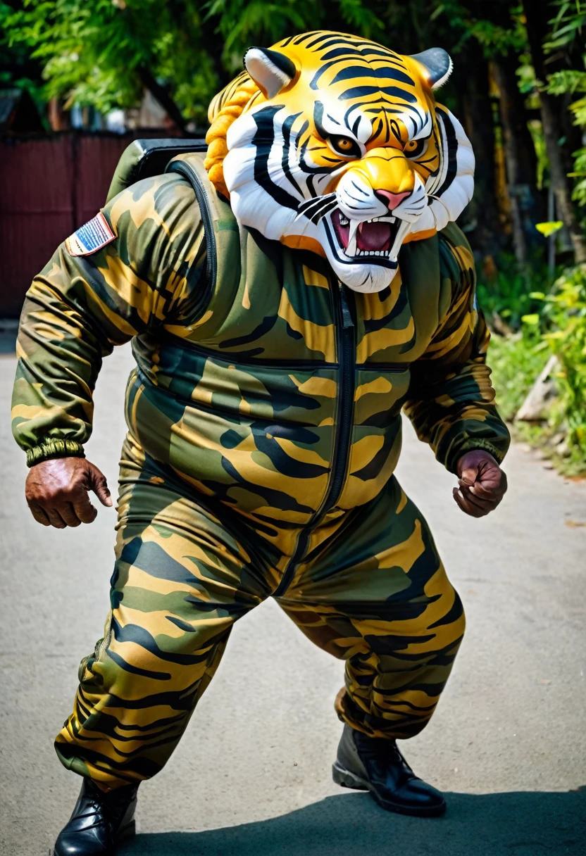 (a dark-skinned fat muscular old man in a bulky army camouflage zipper diver suit) carrying a gun, (wearing realistic roaring siberian tiger mask), muscular, Bruce Onobrakpeya, sumatraism, stanley artgermm, action, heroic, fierce, snarling